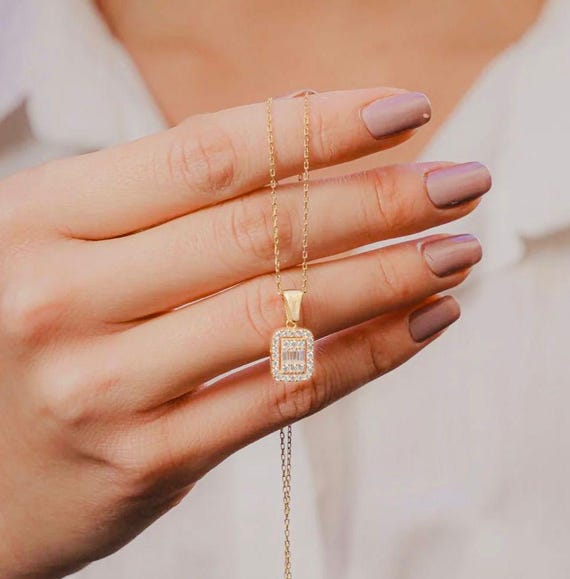 925 Sterling Silver Baguette Necklace – Gold Plated, Elegant Pendant