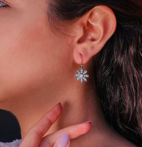 925 Sterling Silver Flower Safety Pin Earrings with White Zircon – Rhodium Plated