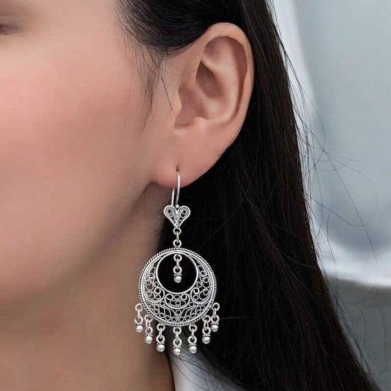 Filigree Circle Dangle Earrings for Women 925 Sterling Silver Handmade Turkish Jewelry