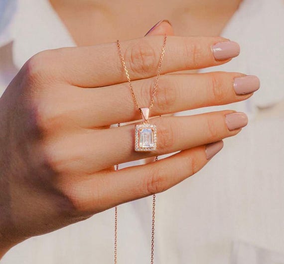 925 Sterling Silver Large Baguette Necklace – Rose Gold Plated