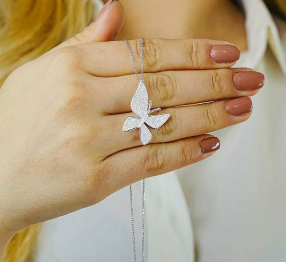 925 Sterling Silver Butterfly Necklace with White Zircon – Shiny Elegant Pendant