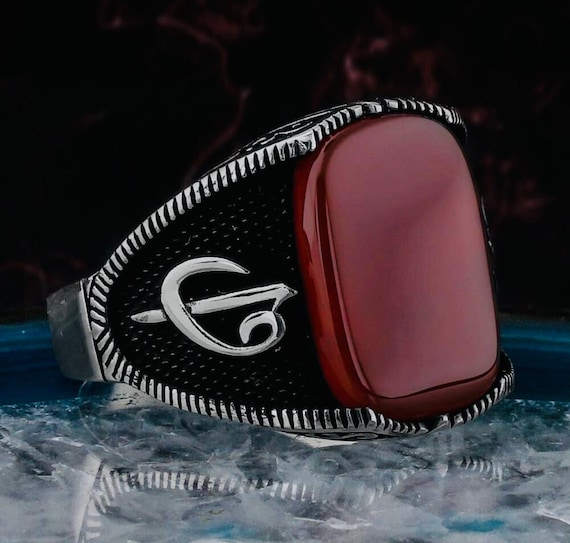 925 Sterling Silver Men's Ring: Red Agate Stone, Eli Vav Design