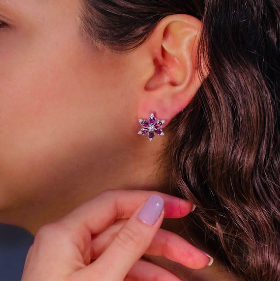 925 Sterling Silver Lotus Flower Earrings with Purple & White Zircon – Elegant Design