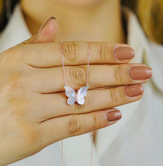 925 Sterling Silver Butterfly Necklace with Mother of Pearl – Rose Gold Plated