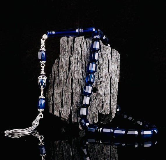 Faceted Double Tone Blue Amber Misbaha with Silver Tassel