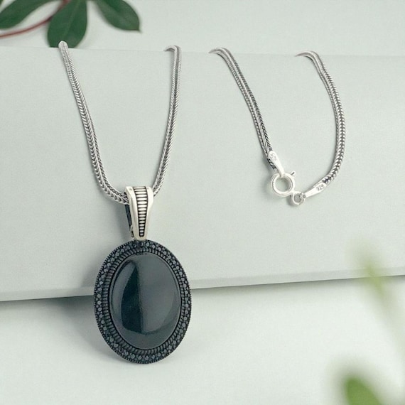 Black Onyx Pendant Necklace 925 Sterling Silver