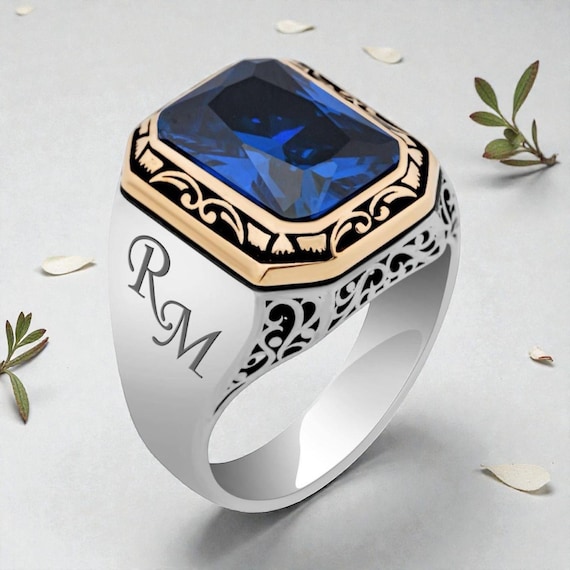 925 Sterling Silver Men’s Ring with Blue Square Zircon & Custom Initials