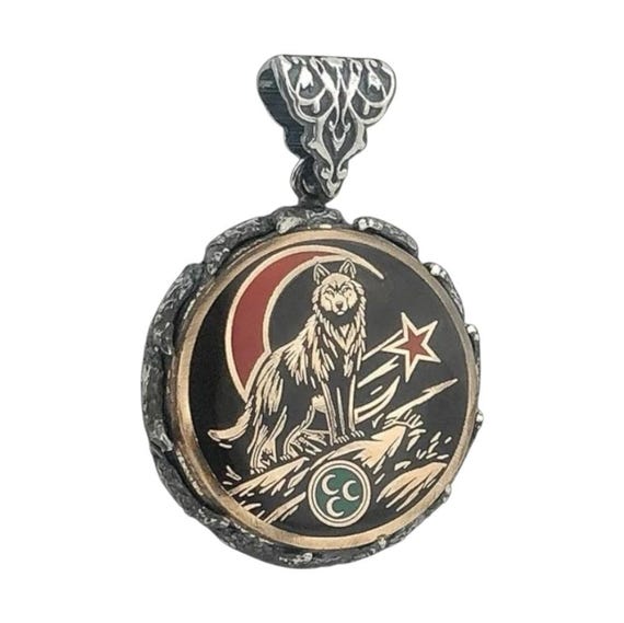 925 Sterling Silver Pendant with Crescent Star, Triple Crescent & Wolf Design