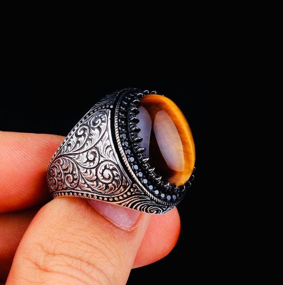 925 Sterling Silver Men’s Ring with Tiger Eye Stone and Pen Motif