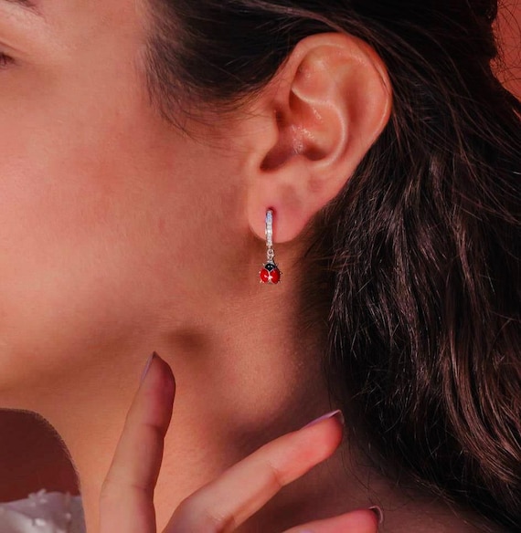 925 Sterling Silver Ladybug Drop Earrings with Baguette Zircon – Lucky Design