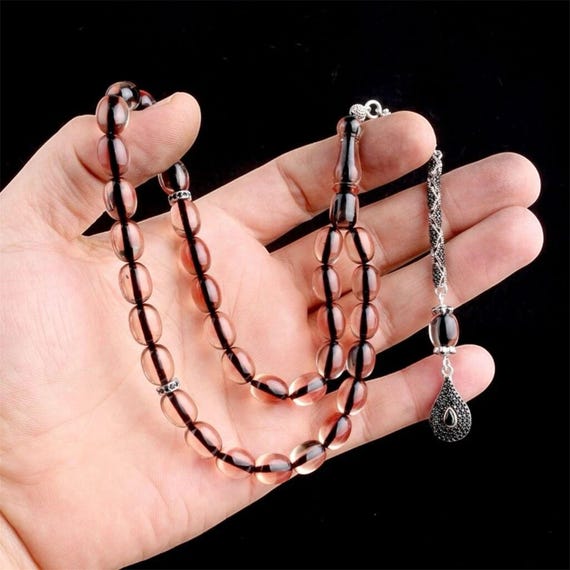 Smoke Fire Amber Tasbih 925 Silver Misbaha with Zircon  Handmade Kehribar Prayer Beads