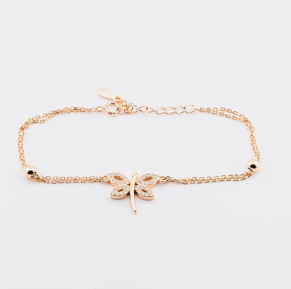 925 Sterling Silver Dragonfly Bracelet with Zircon Stones – Rose Gold Plated