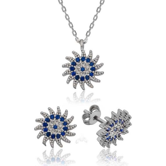 Evil Eye Sun Jewelry Set – 925 Sterling Silver Zircon Necklace & Earrings for Women