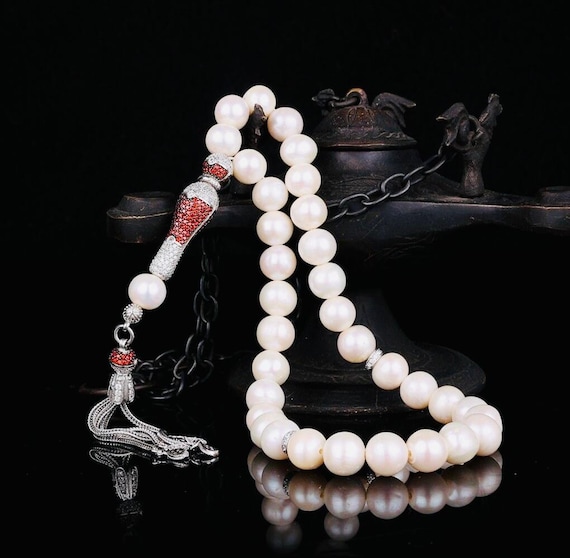 Natural Pearl Tasbih with Zircon Tassel – 10 mm Prayer Beads