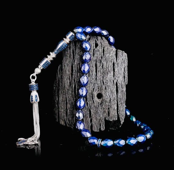 Sterling Silver Tassel Prayer Beads – Color Changing Resin Misbaha – 8 mm – 25 cm