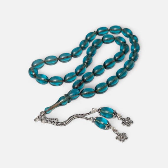 Blue Fire Amber Misbaha with Silver Tassel Handmade