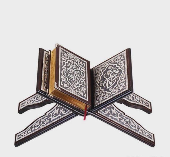 Handmade Wooden Quran Stand Rahle with 925 Sterling Silver Inlay Set