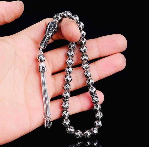 925 Sterling Silver Misbaha – Zircon Inlaid  – 7.4 mm Beads – 24 cm