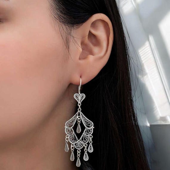 Handmade Filigree Dangle Earrings for Women 925 Sterling Silver Mardin Style Jewelry