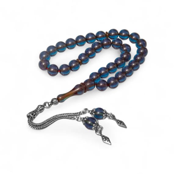 Silver Tassel Blue Amber Misbaha – Round Tesbih Prayer Beads