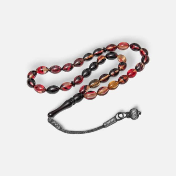 Silver Kazaz Tassel Mixed Amber Style Worry Beads • Red Yellow Black Resin Misbaha