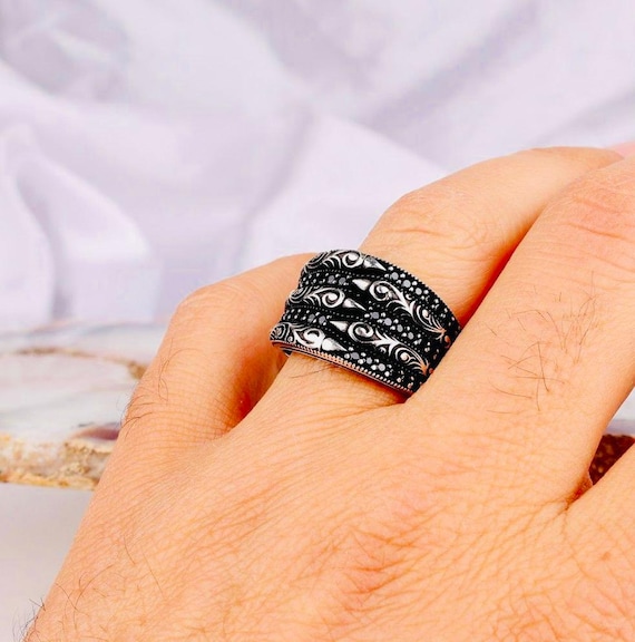 925 Sterling Silver Men’s Ring with Micro Stone Claw Design – Handmade