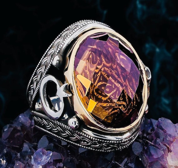 925 Sterling Silver Zultanite Men's Ring: Crescent Star Inscription (14.8g)