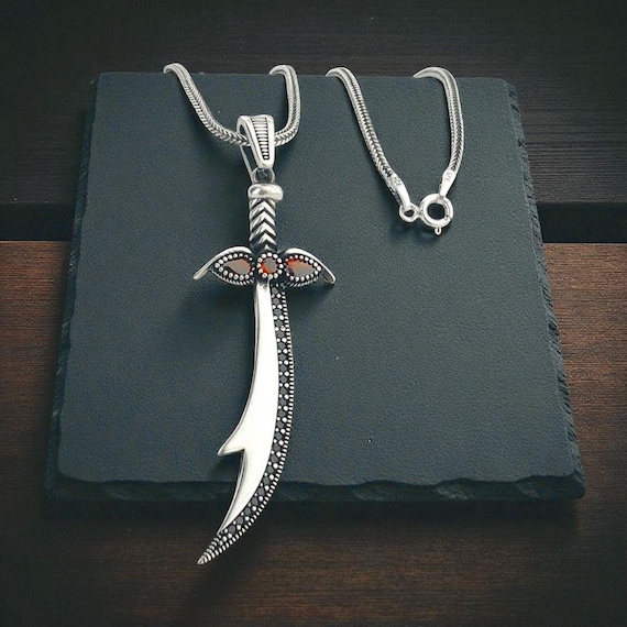 925 Sterling Silver Red Stone Zulfiqar Sword Necklace