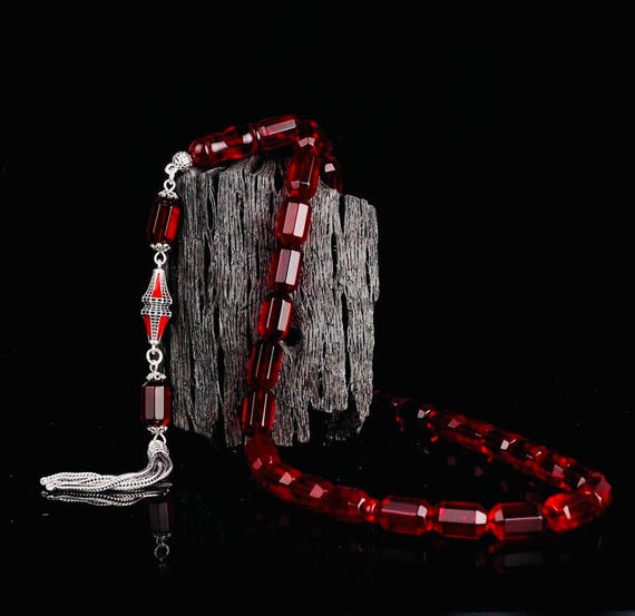 Red Faceted Amber Tasbih with 925 Sterling Silver Tassel