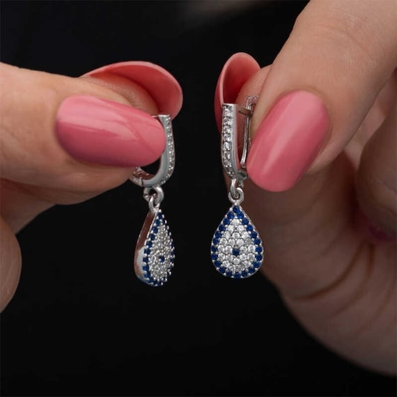 Evil Eye Drop Earrings for Women 925 Sterling Silver Dangle Nazar Earrings
