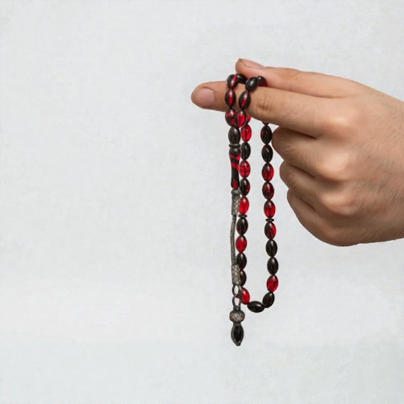 Red Black Pressed Amber Misbaha with 1000 Silver Kazaz Tassel Handmade