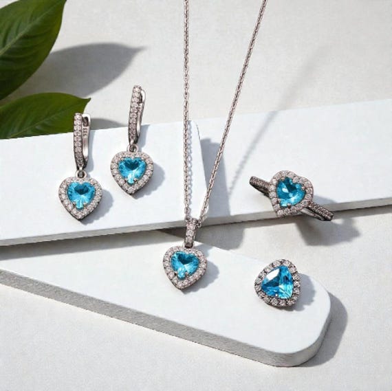 925 Sterling Silver Turquoise Heart Jewelry Set Zircon Romantic Women Gift Set