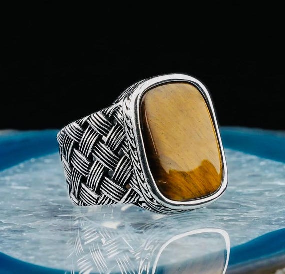 925 Sterling Silver Men's Tiger Eye Ring: Braided Band, Turkish Design
