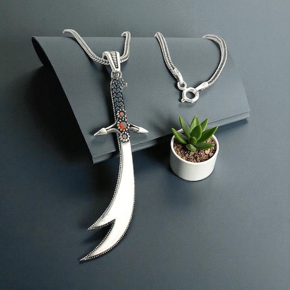925 Sterling Silver Red Stone Zulfiqar Sword Necklace for Men