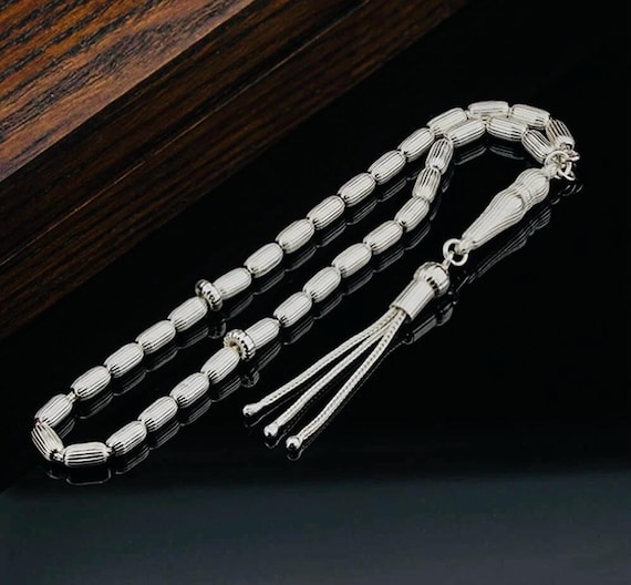 925 Sterling Silver Striped Capsule Cut Tasbih