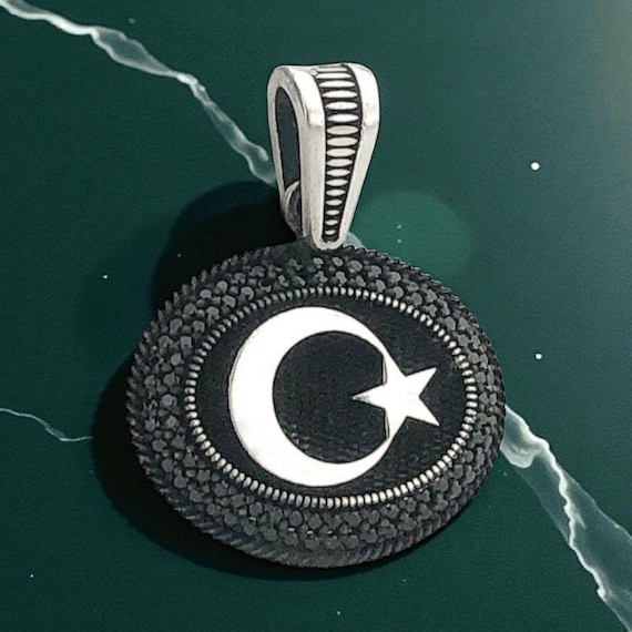 925 Sterling Silver Black Stone Crescent Star Pendant
