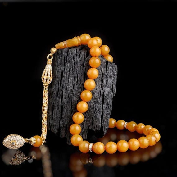 Fire Amber Tasbih 925 Silver Misbaha with Zircon Tassel Handmade Kehribar Prayer Beads