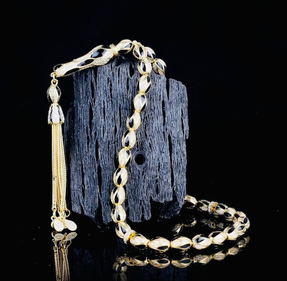 Gold Plated Sterling Silver Misbaha: Black Enamel Zircon Prayer Beads Arya Silver