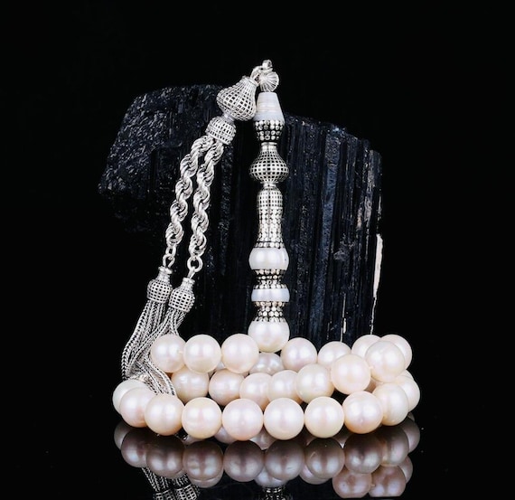 Handcrafted Pearl Misbaha with Silver Nakkash Imame – 10 mm White Beads