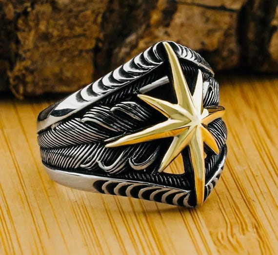 925 Sterling Silver Men’s Ring with North Star Design – 11.5 g
