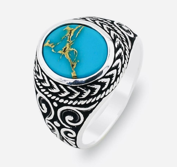 925 Sterling Silver Men’s Ring with Round Blue Turquoise – 7.5 g