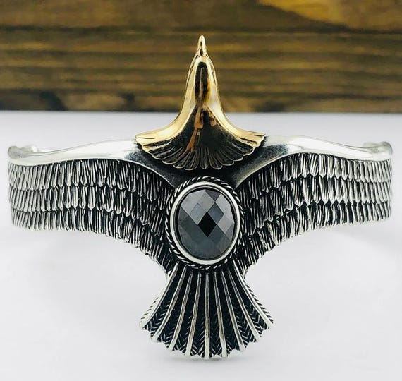 925 Sterling Silver Eagle Cuff Bracelet with Black Stone - Adjustable Men's Jewelry