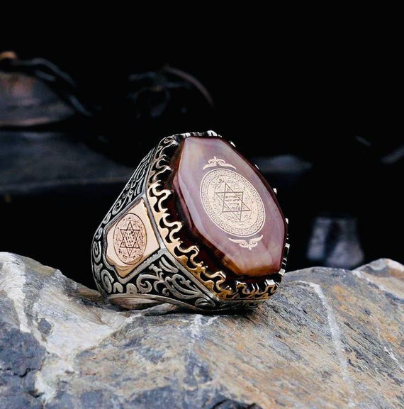 925 Sterling Silver Men’s Ring with Amber Stone & Seal of Solomon