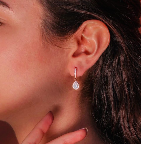 925 Sterling Silver Drop Earrings with White Teardrop Zircon – Rose Gold Plated