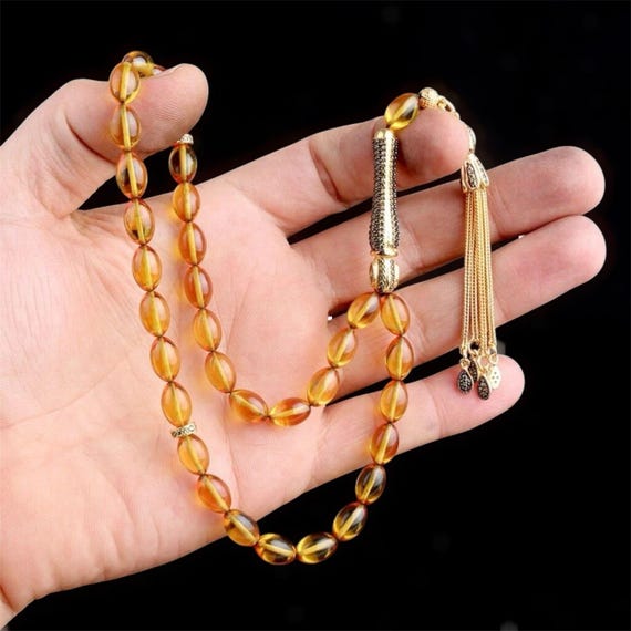 Honey Fire Amber Tasbih 925 Silver Misbaha with Zircon Tassel Handmade Kehribar Prayer Beads