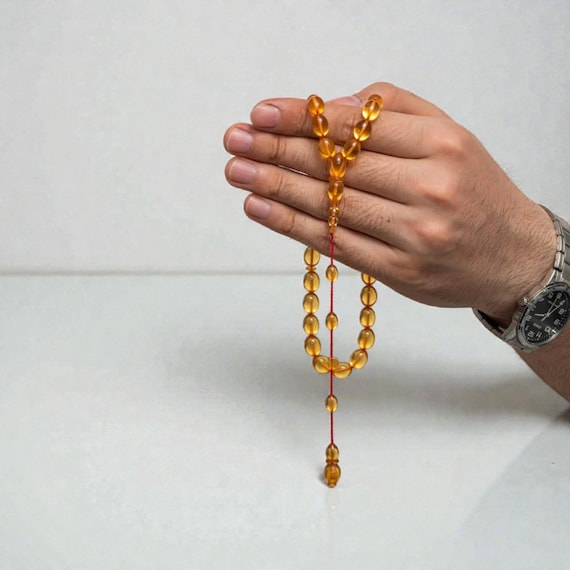 Handmade Pressed Amber Prayer Beads – Classic Islamic Tasbih for Men
