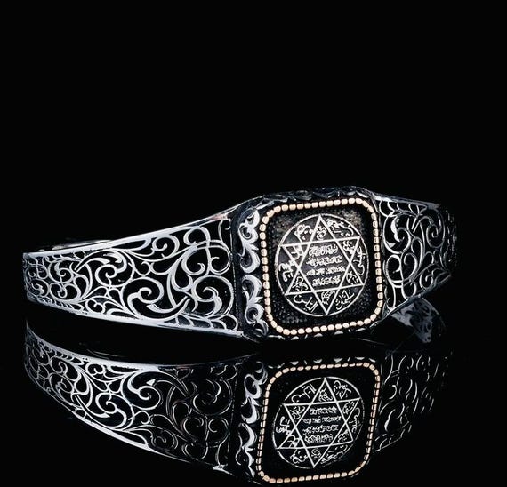 925 Sterling Silver Adjustable Men’s Cuff Bracelet with Seal of Solomon Design – 34.9 g