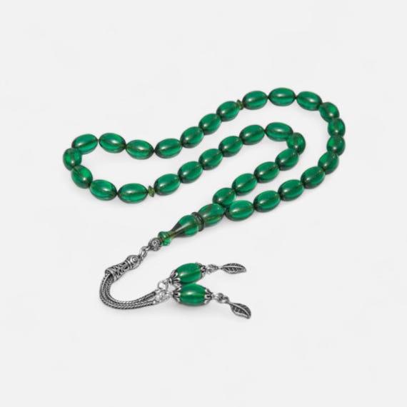 Green Fire Amber Prayer Beads with Silver Tassel, Handmade Misbaha