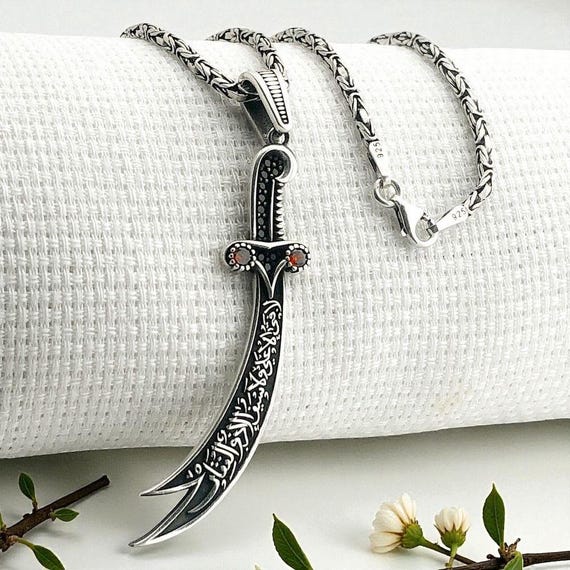 925 Sterling Silver Zulfiqar Necklace with Red Stone – King Chain