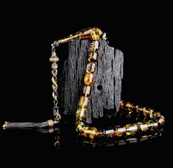 Double Tone Fossil Amber Misbaha with Silver Tassel – Capsule Cut